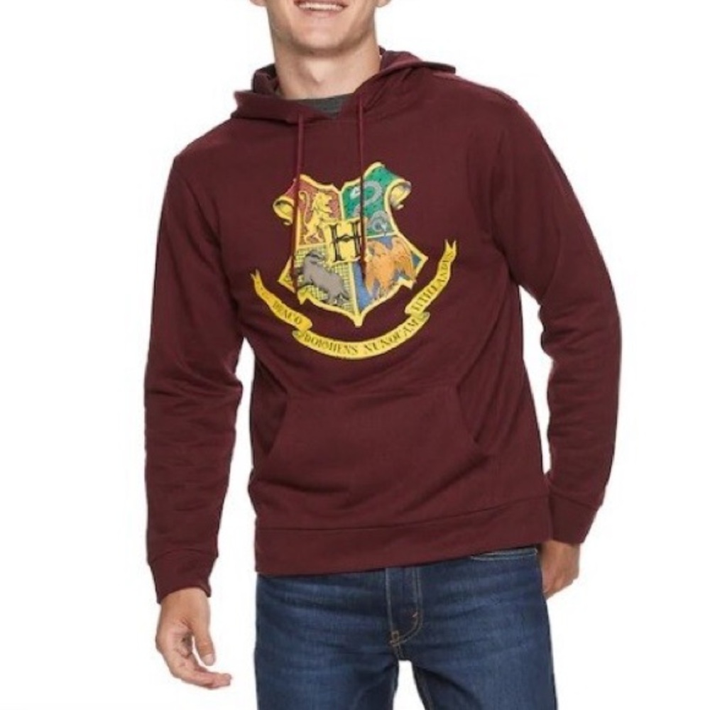 Harry Potter Hogwarts Crest Maroon Heather Pullover Hoodie Sweatshirt, Like New